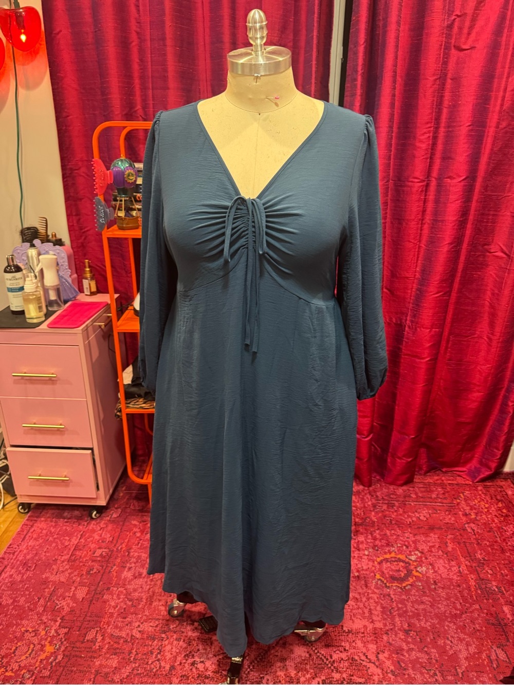 V-Neck Long Sleeve Midi Dress with Ruched Drawstring in Teal